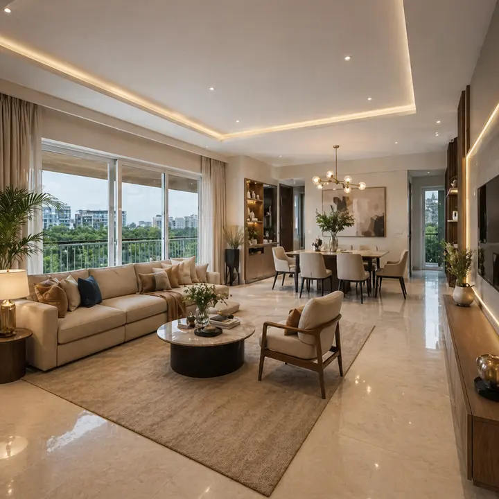 Elegant living and dining room interior of Prestige Highland Hideaway apartment with large windows and modern furnishings