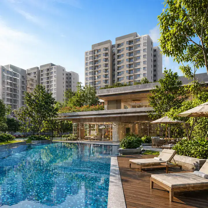 Prestige Highland Hideaway swimming pool with lounge chairs and clubhouse, surrounded by towers and greenery